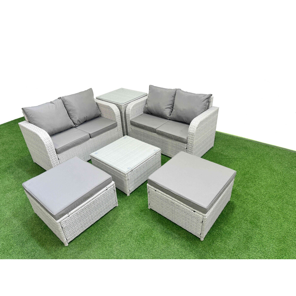 Fimous 6 Seater Outdoor Love Sofa Set Rattan Garden Furniture Set with Square Coffee Table 2 Footstool Side Table Light Grey