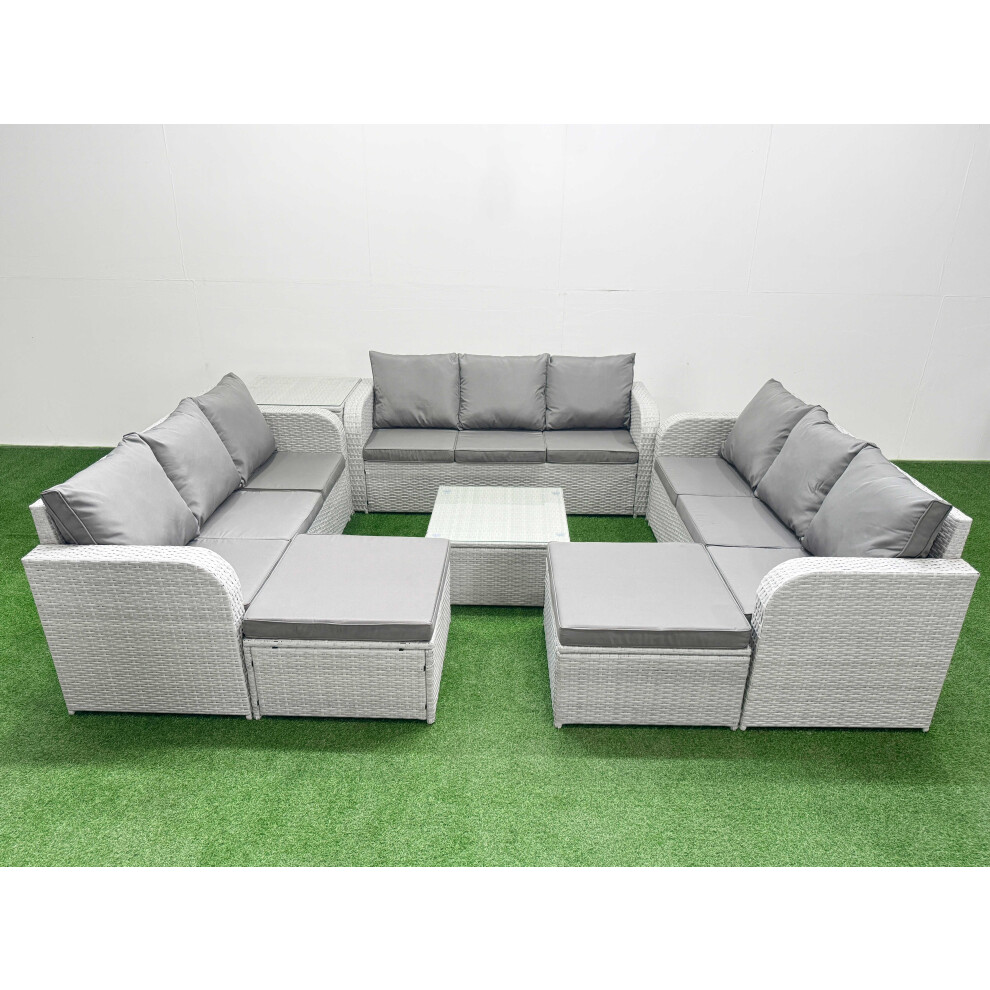 Fimous PE Rattan Lounge Sofa Set 11 Seater Outdoor Garden Furniture Set With Square Coffee Table 2 Big Footstools Side Table Light Grey