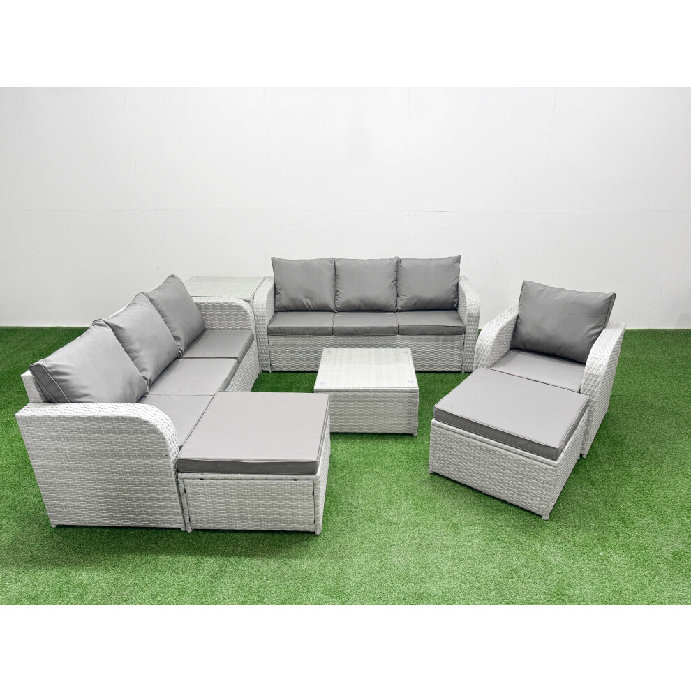 Fimous 9 Seater Poly Rattan Outdoor Garden Furniture Square Coffee Table Sofa Set Patio Reclining Chair 2 Big Footstools Side Table