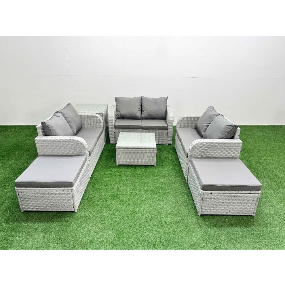 Fimous  8 Seater PE Wicker Rattan Furniture Sofa Sets with Square Coffee Table 2 Seater Love Sofa 2 Big Footstool Side Table Light Grey