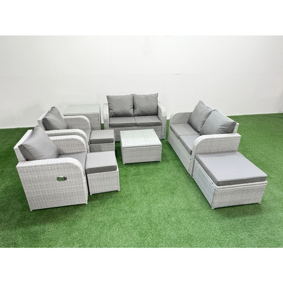 Fimous 9 Seater Outdoor Reclining Chair Love Sofa Set Rattan Garden Furniture Set with Square Coffee Table 3 Stools Side Table