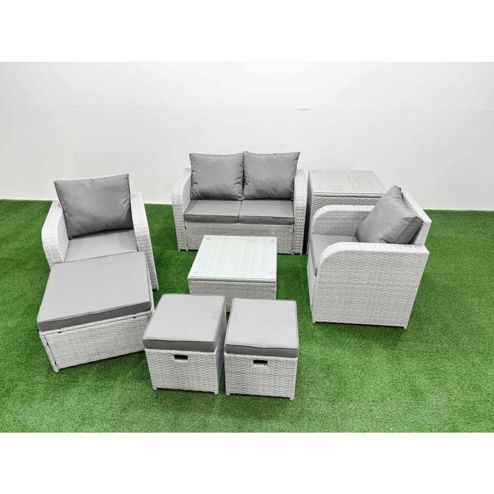 Fimous Light Grey PE Wicker Rattan Garden Furniture Set Sofa Set Reclining Adjustable Chair 7 Seater 3  Stools Side Table