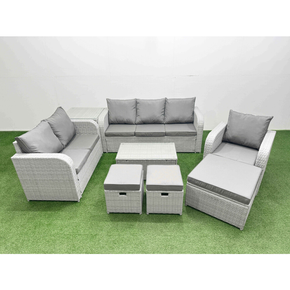 Fimous Patio PE Wicker 9 Seater Outdoor Rattan Furniture Sofa Sets with Rectangular Coffee Table 3 Seater Sofa Stool Side Table Light Grey