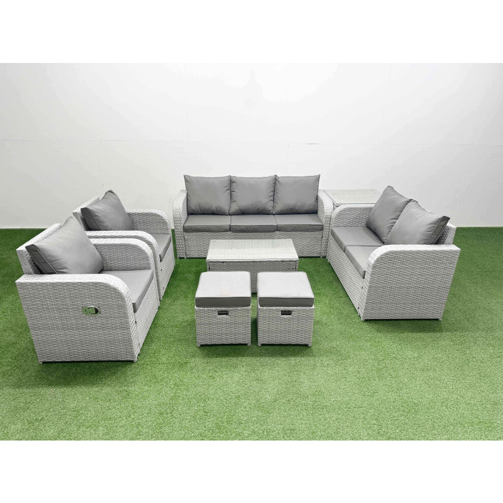Rackhams Light/Grey Pe Rattan Outdoor Lounge Set - Adjustable Chair, Double Loveseat, Oblong Coffee Table, 2 Stools & Side Table - Image 2