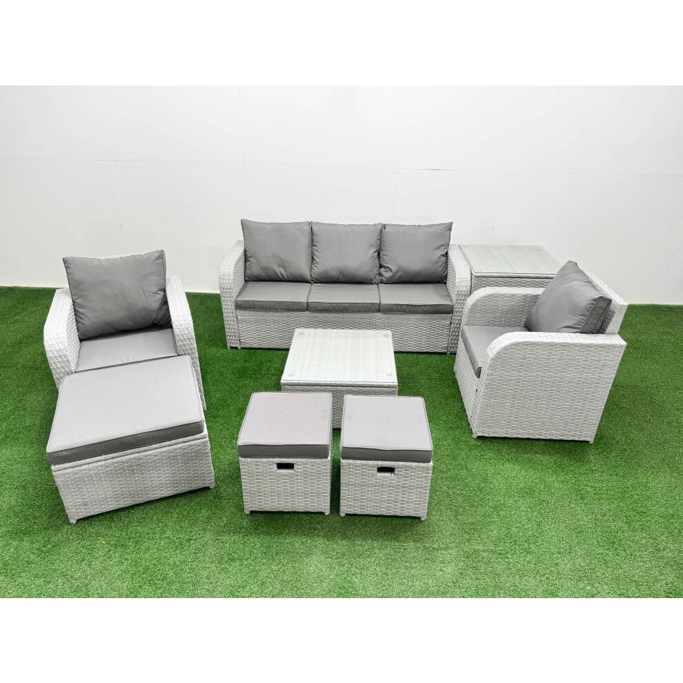 Fimous PE Rattan Garden Furniture Set Reclining Chair Sofa Lounge Sofa Set Square Coffee Table Side Table 3 Stools Light Grey