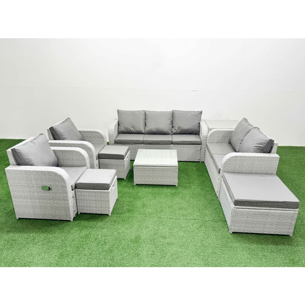 Fimous PE Rattan Garden Furniture Set Adjustable Chair Sofa Double Love Seat 2 Seater Sofa Lounge Set 3 Stools Side Table Light Grey