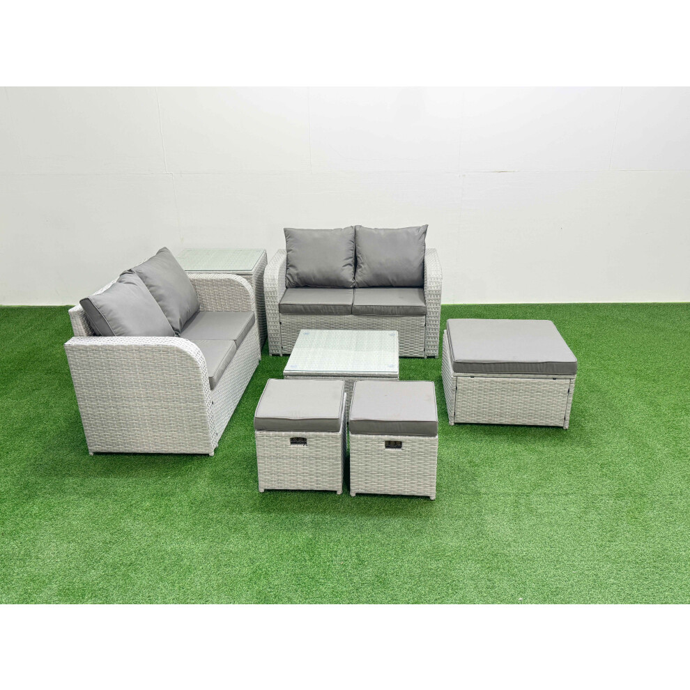 Fimous 7 Seater Outdoor Love Sofa Set Rattan Garden Furniture Set with Square Coffee Table 3 Footstool Side Table Light Grey