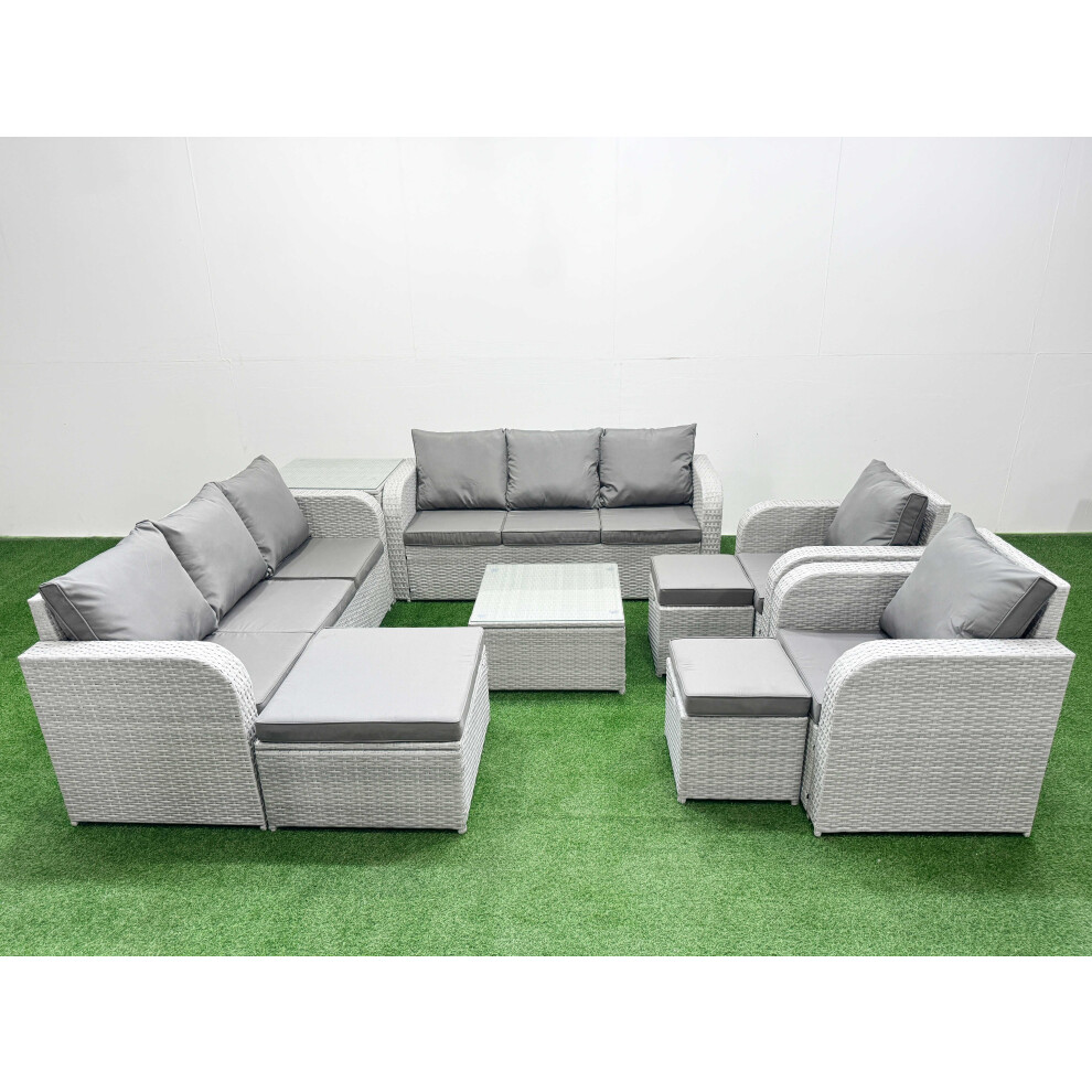 Fimous PE Rattan High Back Lounge Sofa Set Patio Square Coffee Table & Chairs Set with Reclining Chair 3 Stools Side Table Light Grey