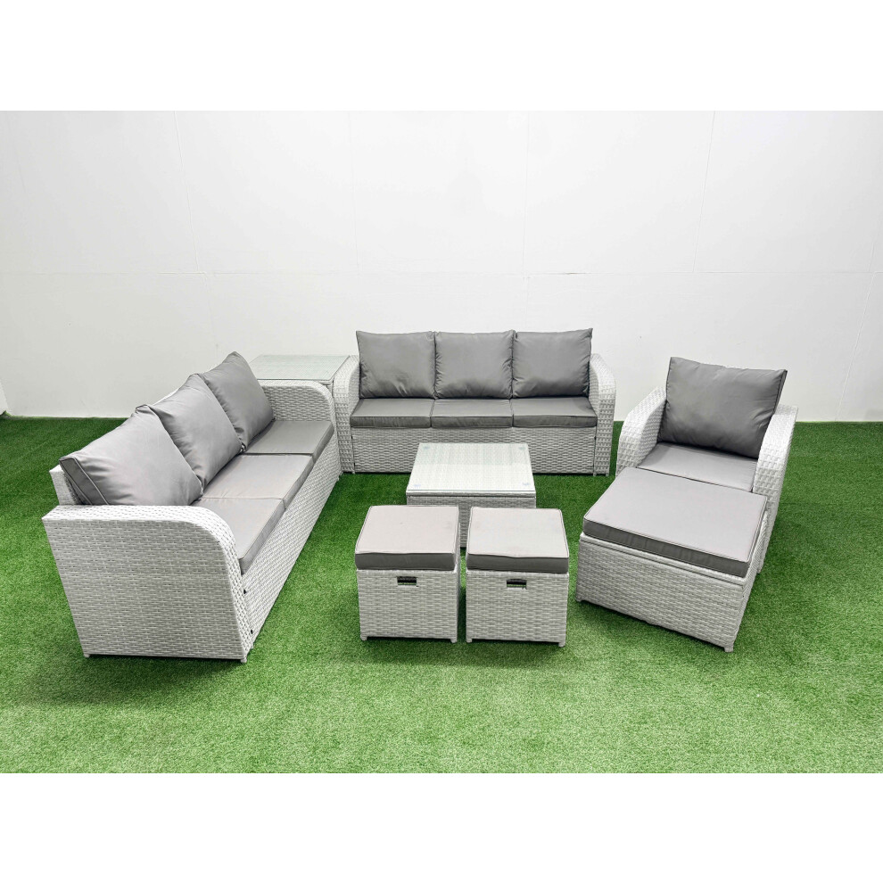 Fimous 10 Seater Poly Rattan Outdoor Garden Furniture Square Coffee Table Sofa Set Patio Reclining Chair 3 Stools Side Table Light Grey