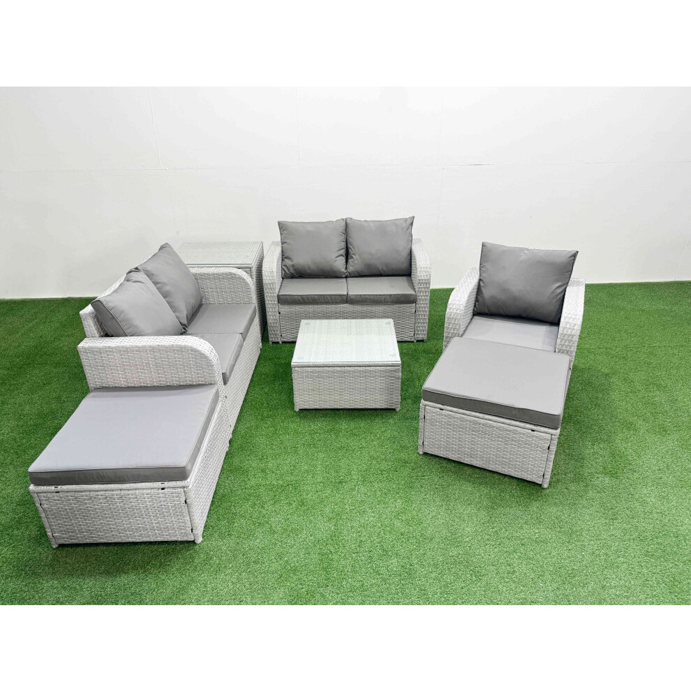 Fimous Unisex Light Grey High Back Poly Rattan Garden Furniture Set W/ Reclining Chair Loveseat Sofa Square Coffee Table Indoor Outdoor Patio Set Big Stool Side Size 2 - Image 2