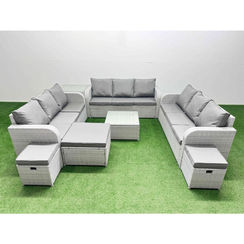 Fimous PE Rattan Lounge Sofa Set 12 Seater Outdoor Garden Furniture Set with Square Coffee Table 3 Stools Side Table Light Grey