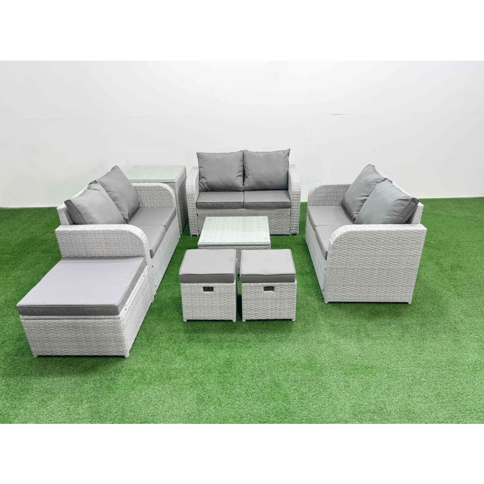 Fimous  9 Seater PE Wicker Rattan Furniture Sofa Sets with Square Coffee Table 2 Seater Love Sofa 3 Stool Side Table Light Grey