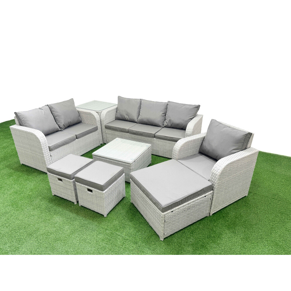 Fimous Patio PE Wicker 9 Seater Outdoor Rattan Furniture Sofa Sets with Reclining Chair Loveseat Sofa Stool Side Table