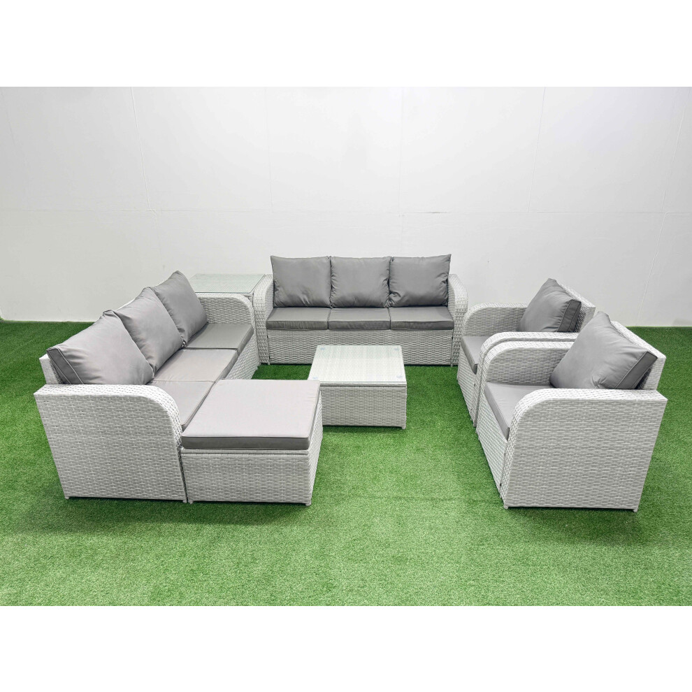 Rackhams Light/Grey Rattan High Back Lounge Sofa Set Patio Square Coffee Table & Chairs Set With 3 Seater Sofa Reclining Chair Big Footstool Side Table - Image 2