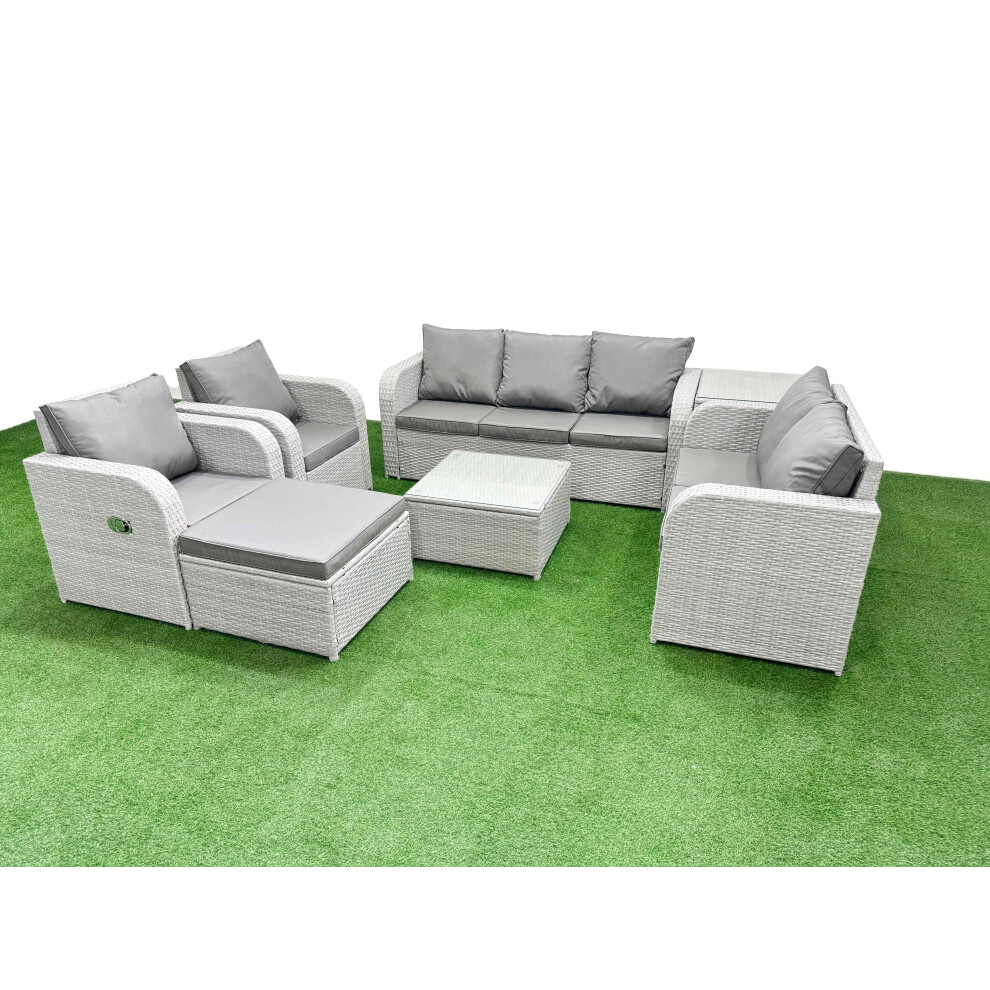 Fimous PE Rattan Garden Furniture Set Adjustable Chair Sofa Double Love Seat 2 Seater Sofa Lounge Set Big Footstool Side Table Light Grey