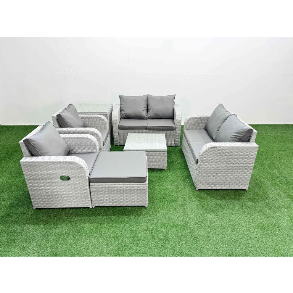 Fimous 7 Seater Outdoor Reclining Chair Love Sofa Set Rattan Garden Furniture Set with Square Coffee Table Footstool Side Table