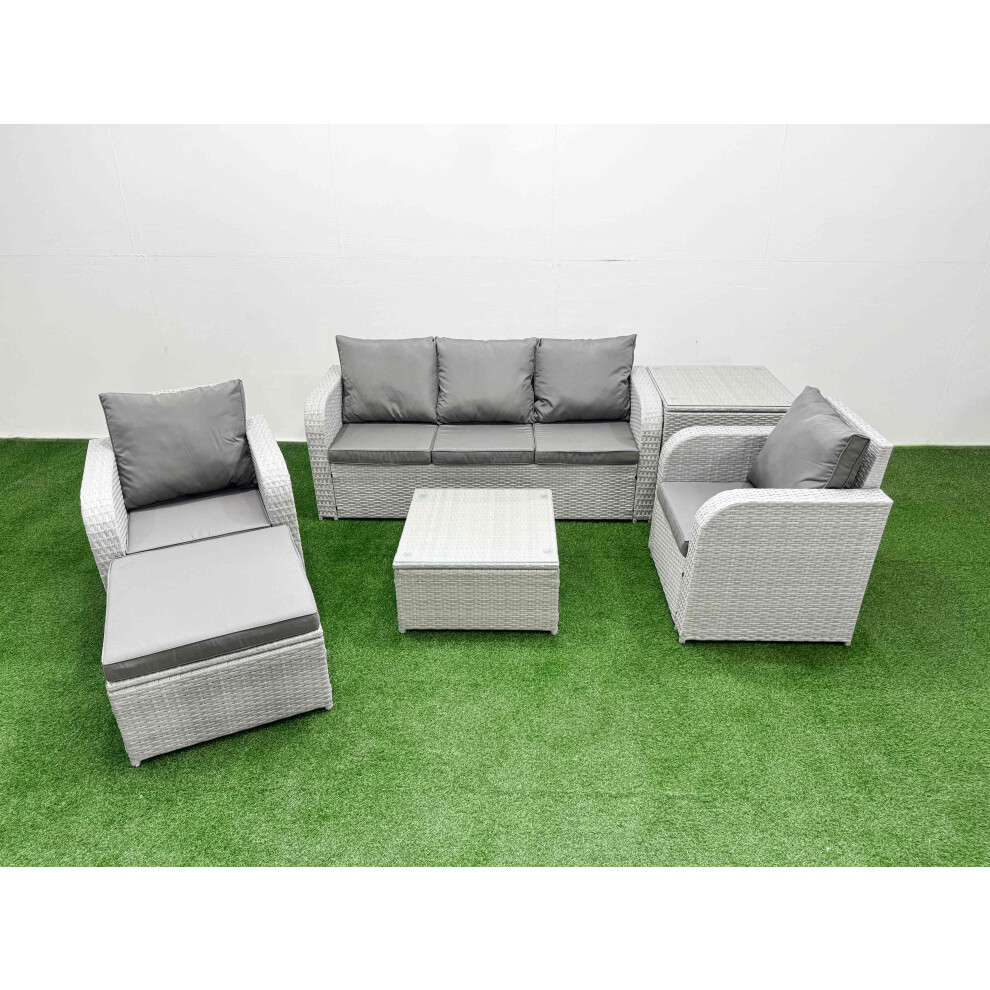 Fimous PE Rattan Garden Furniture Set Reclining Chair Sofa Lounge Sofa Set Square Coffee Table Side Table Big Footstool Light Grey