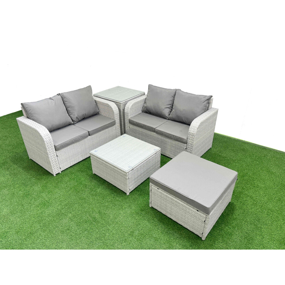 Fimous 5 Seater Outdoor Love Sofa Set Rattan Garden Furniture Set with Square Coffee Table Big Footstool Side Table Light Grey