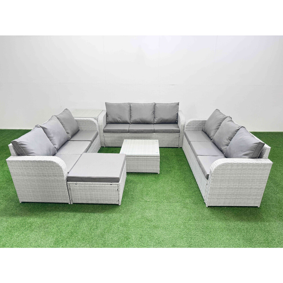 Fimous PE Rattan Lounge Sofa Set 10 Seater Outdoor Garden Furniture Set with Square Coffee Table 3 Seater Sofa Big Footstool Side Table