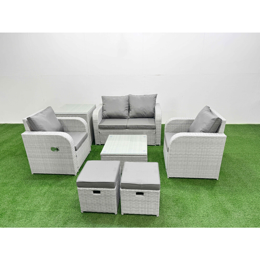 Fimous Light Grey PE Wicker Rattan Garden Furniture Set Sofa Set Reclining Adjustable Chair 6 Seater 2 Small Stools Side Table