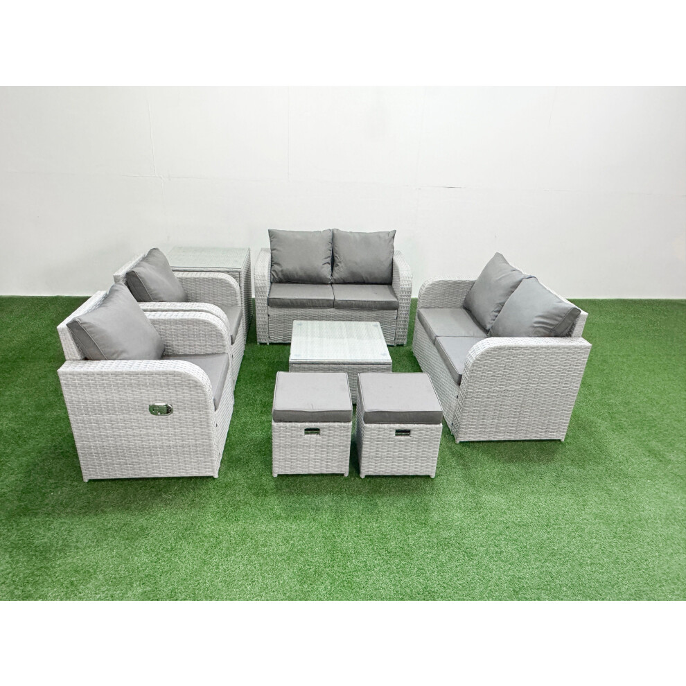 Fimous 8 Seater Outdoor Reclining Chair Love Sofa Set Rattan Garden Furniture Set with Square Coffee Table 2 Stools Side Table