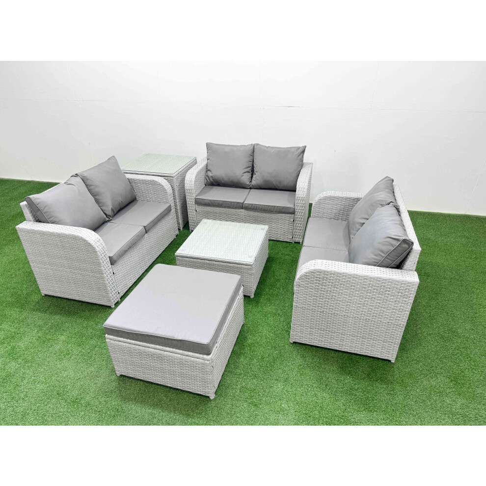 Fimous  7 Seater PE Wicker Rattan Furniture Sofa Sets with Square Coffee Table 2 Seater Love Sofa Big Footstool Side Table Light Grey