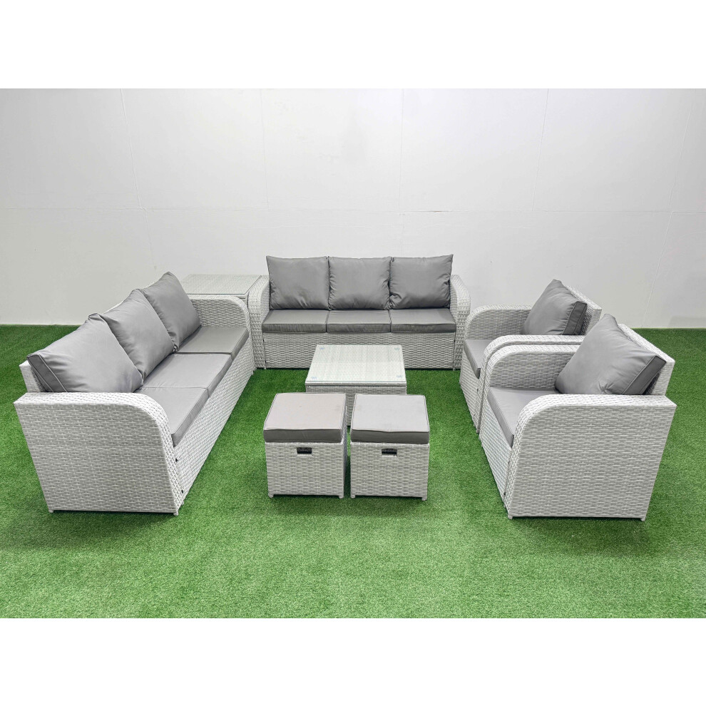 Fimous PE Rattan High Back Lounge Sofa Set Patio Square Coffee Table & Chairs Set with Reclining Chair Stools Side Table Light Grey