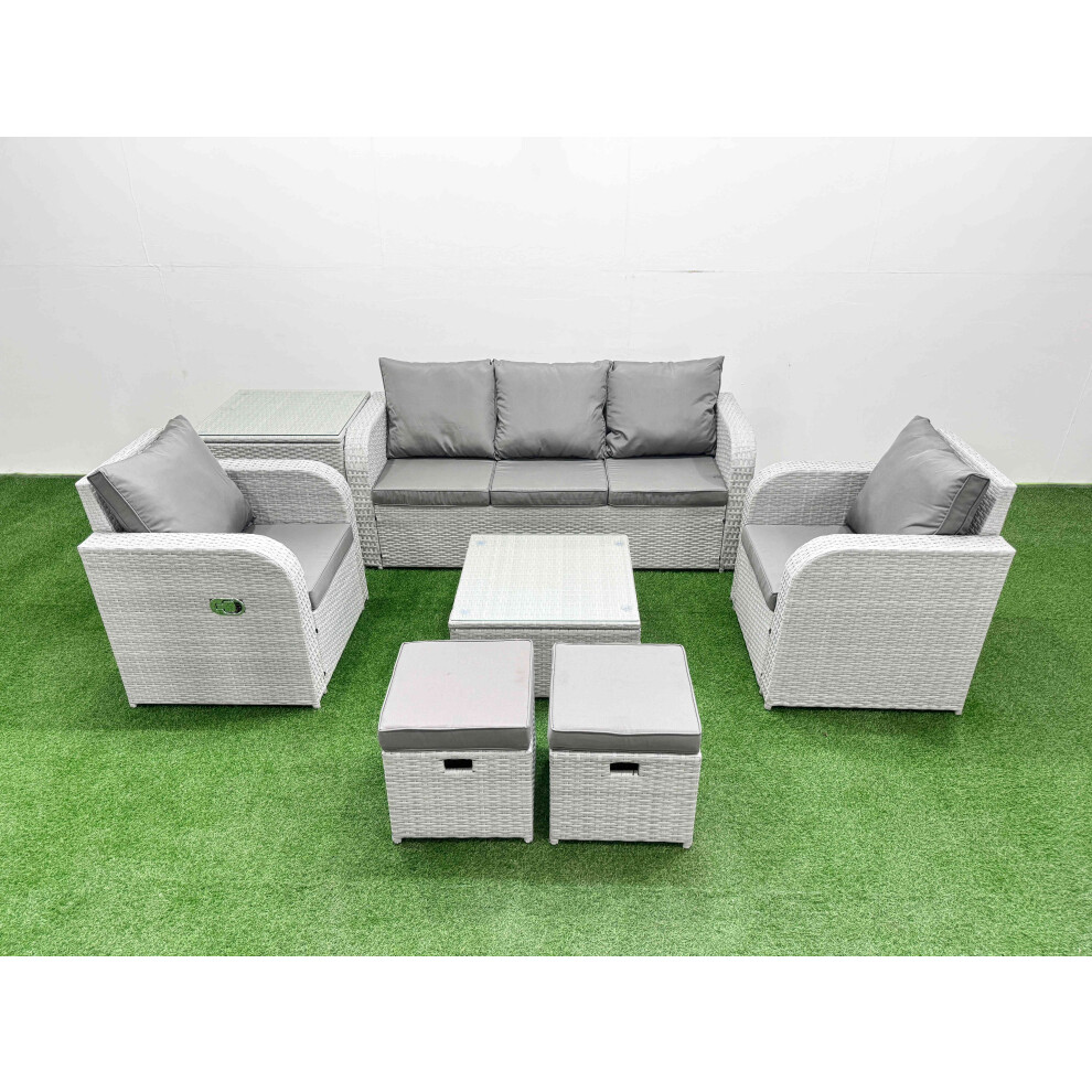 Fimous PE Rattan Garden Furniture Set Reclining Chair Sofa Lounge Sofa Set Square Coffee Table Side Table 2 Small Stools Light Grey