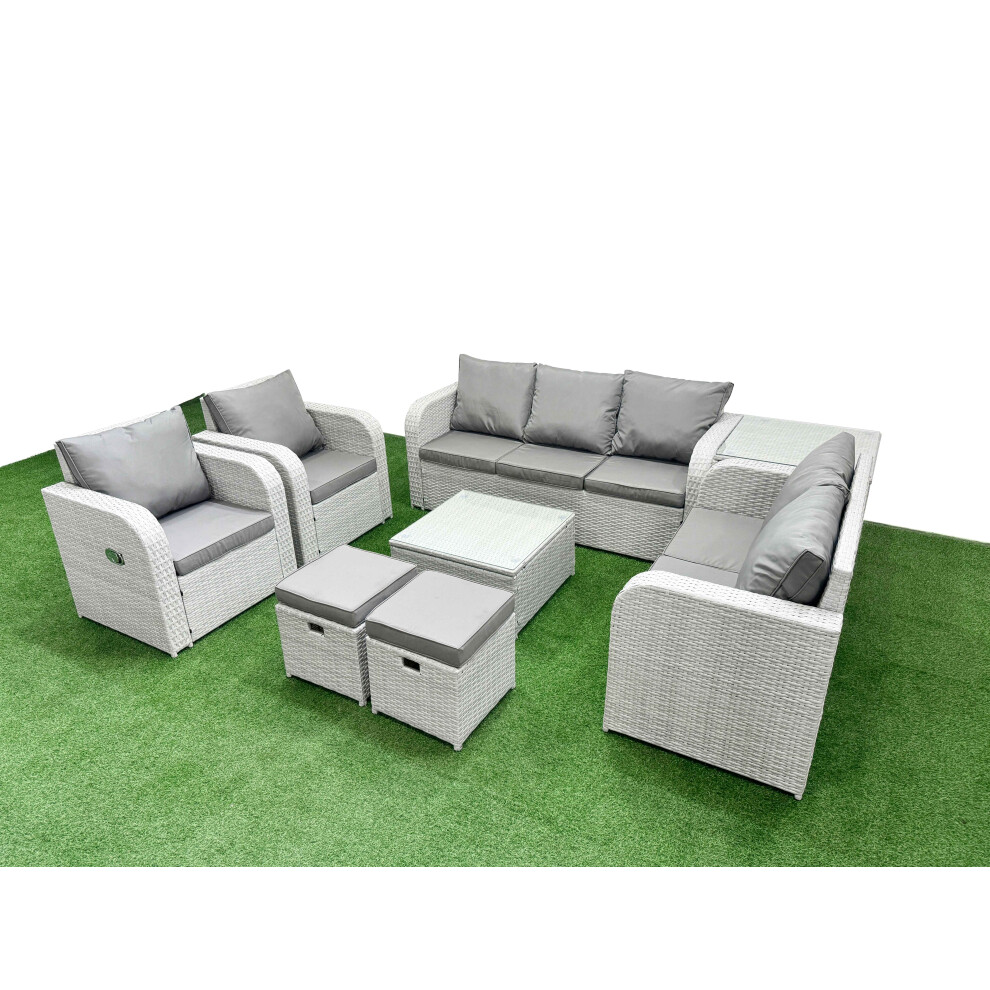 Fimous PE Rattan Garden Furniture Set Adjustable Chair Sofa Double Love Seat 2 Seater Sofa Lounge Set 2 Stools Side Table Light Grey