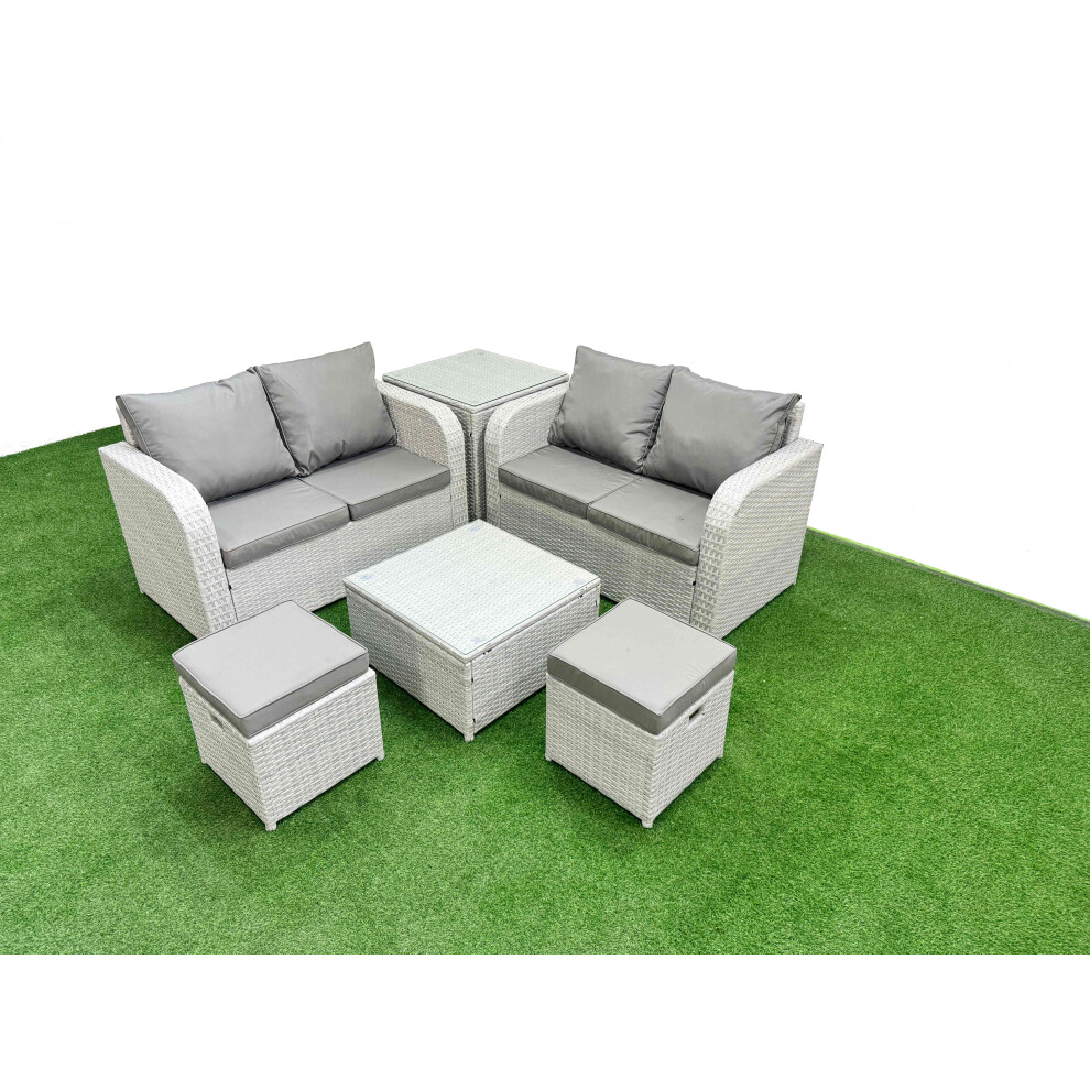 Fimous 6 Seater Outdoor Love Sofa Set Rattan Garden Furniture Set with Square Coffee Table 2 Small Stools Side Table Light Grey