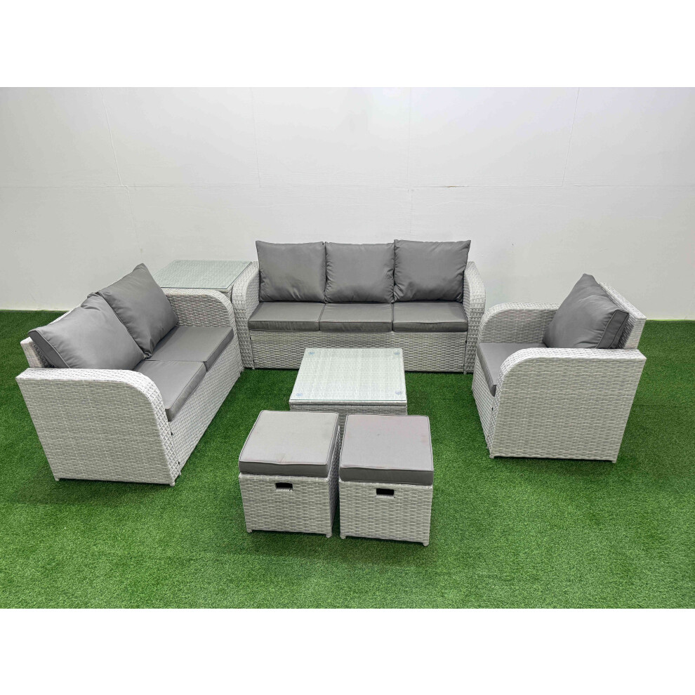 Fimous Patio Pe Wicker 8 Seater Outdoor Rattan Furniture Sofa Sets With Reclining Chair Loveseat Sofa Stool Side Table Grey