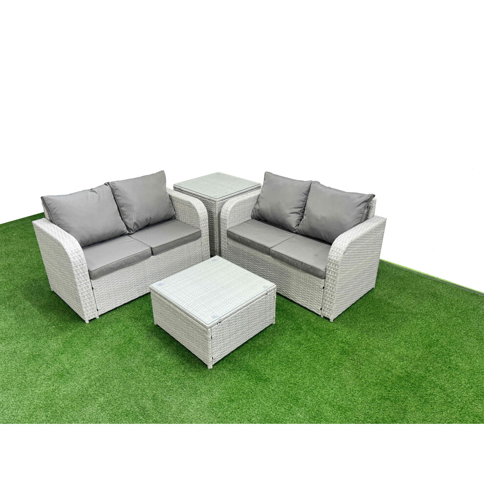 Fimous 4 Seater Outdoor Love Sofa Set Rattan Garden Furniture Set with Square Coffee Table Side Table Light Grey