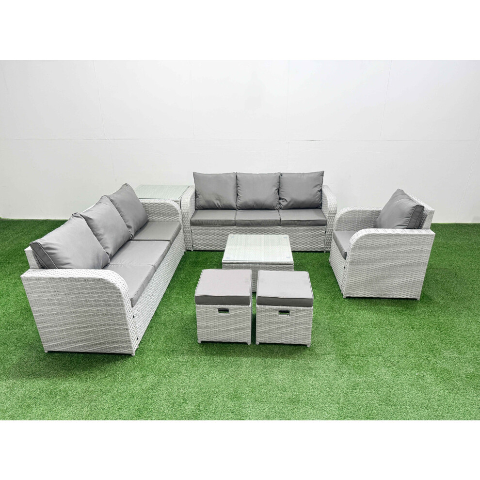 Fimous 9 Seater Poly Rattan Outdoor Garden Furniture Square Coffee Table Sofa Set Patio Reclining Chair Stools Side Table Light Grey