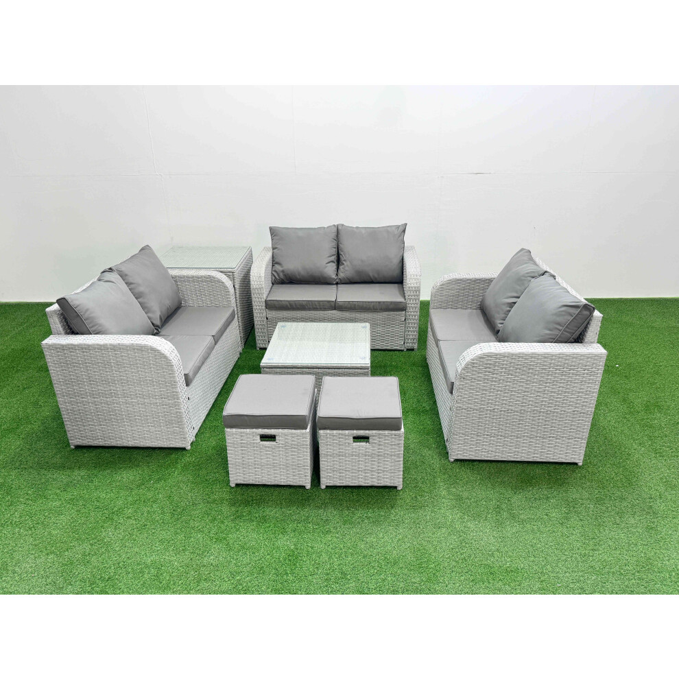 Fimous  8 Seater PE Wicker Rattan Furniture Sofa Sets with Square Coffee Table 2 Seater Love Sofa 2 Stool Side Table Light Grey