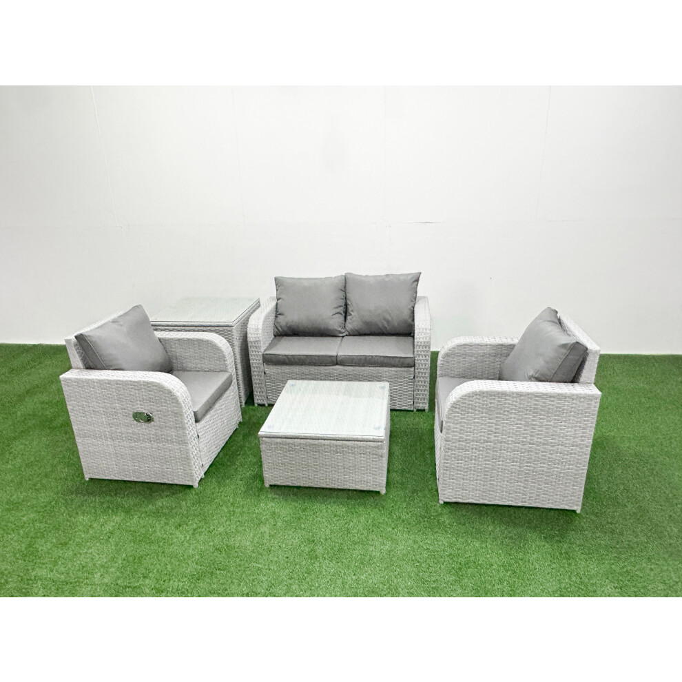 Fimous Light Grey PE Wicker Rattan Garden Furniture Set Sofa Set Reclining Adjustable Chair Square Coffee Table 4 Seater With Side Table