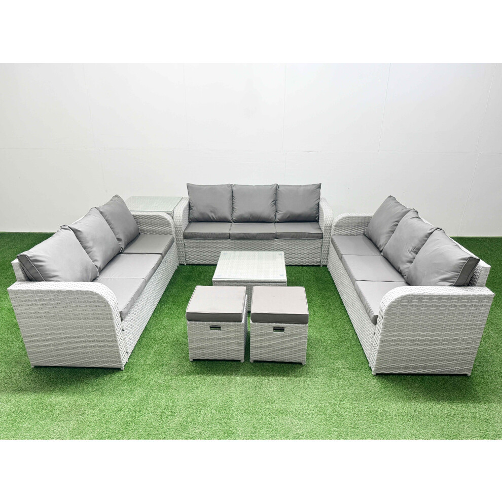 Fimous PE Rattan Lounge Sofa Set 11 Seater Outdoor Garden Furniture Set with Square Coffee Table 2 Stools Side Table Light Grey