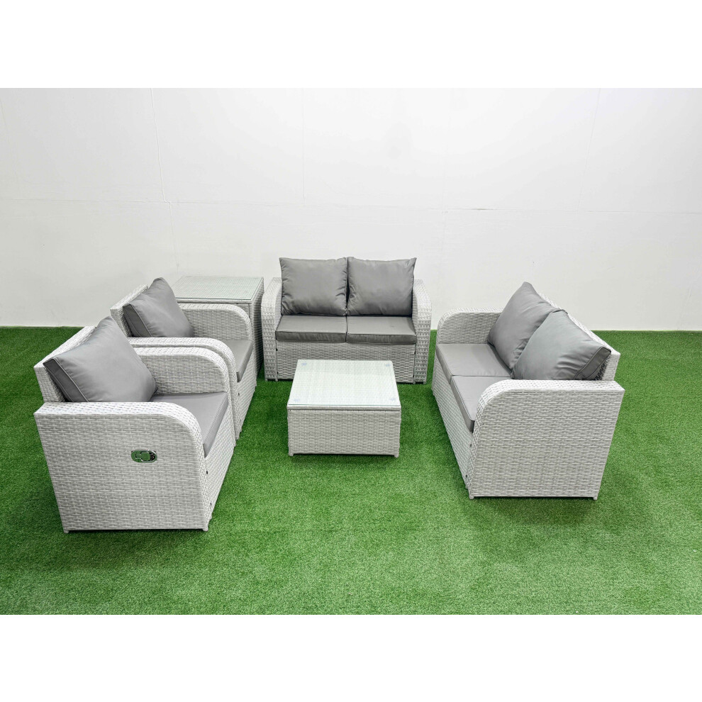 Fimous 6 Seater Outdoor Reclining Chair Love Sofa Set Rattan Garden Furniture Set with Square Coffee Table Side Table Light Grey