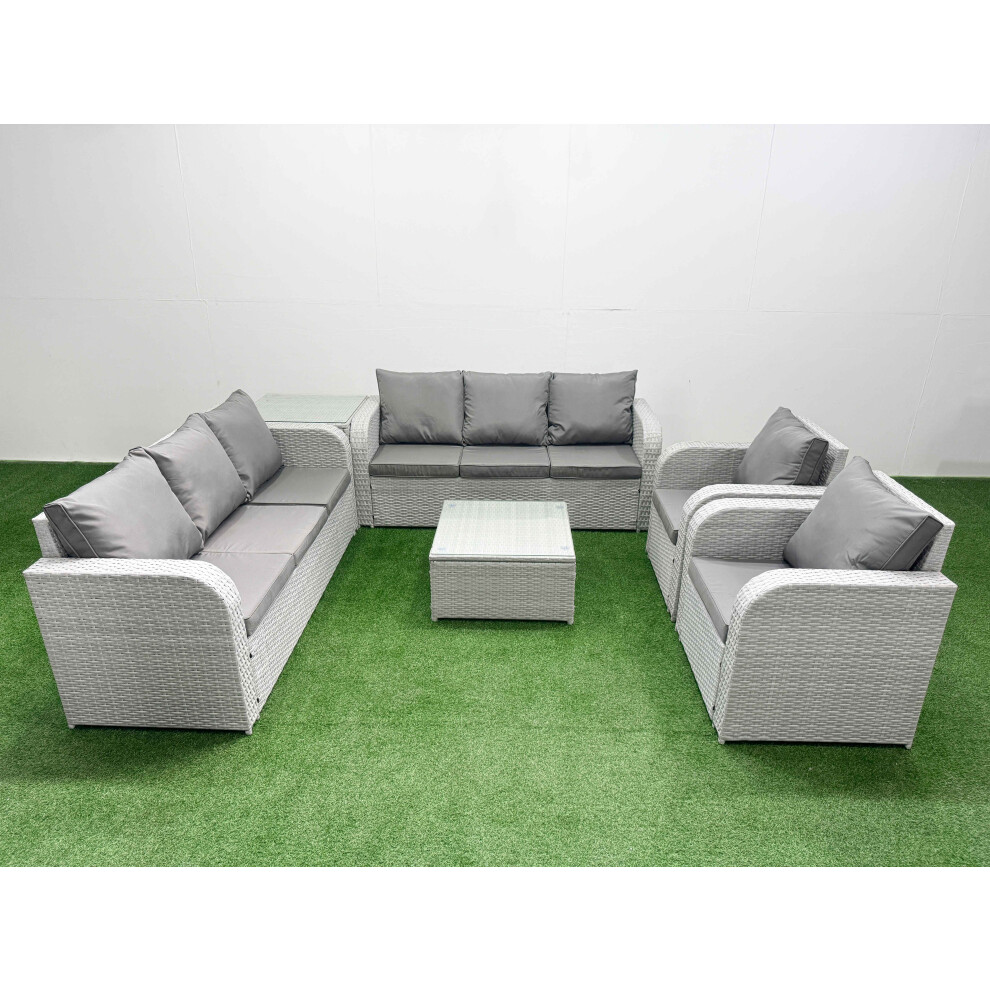 Fimous PE Rattan High Back Lounge Sofa Set Patio Square Coffee Table & Chairs Set with 3 Seater Sofa Reclining Chair Side Table