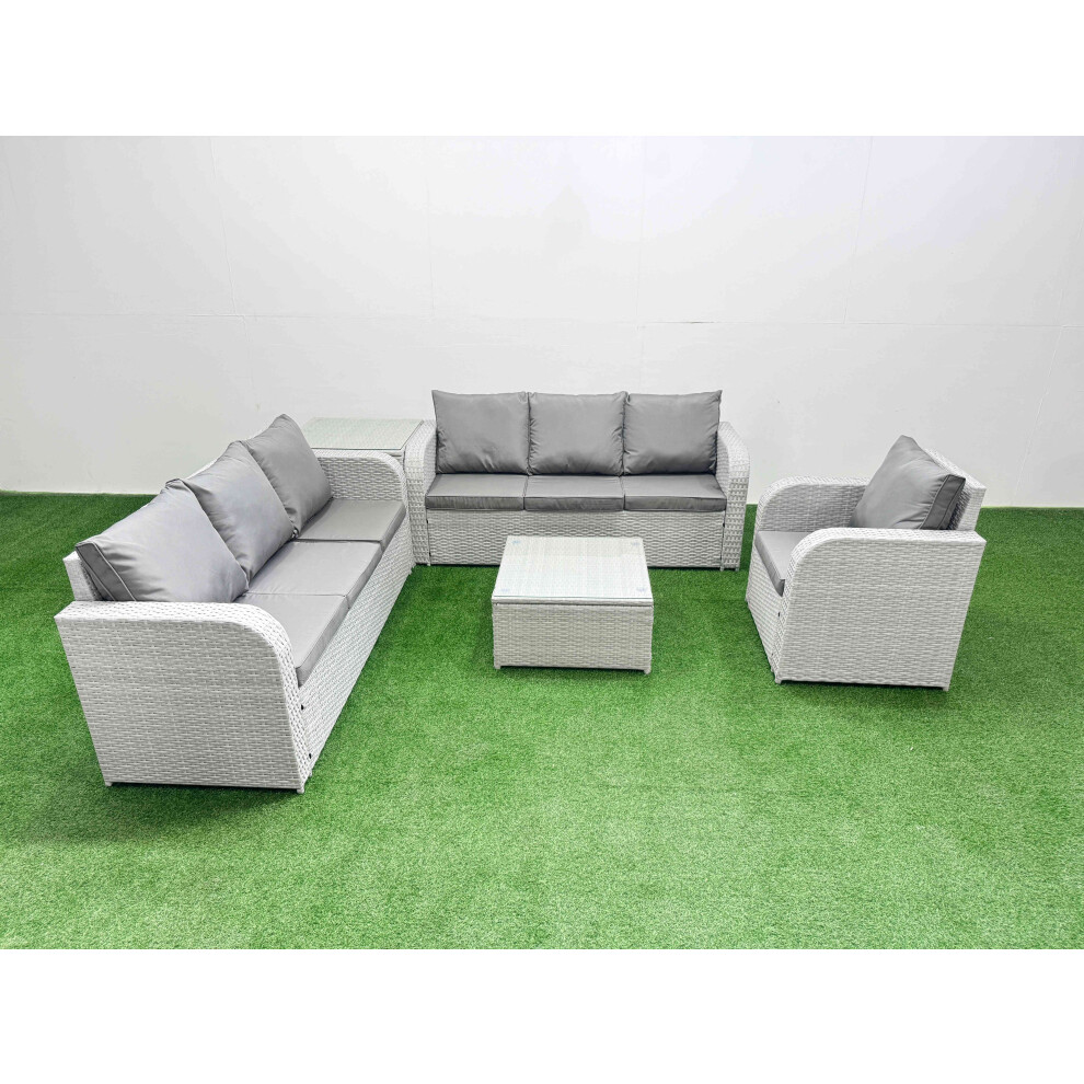 Fimous 7 Seater Poly Rattan Outdoor Garden Furniture Square Coffee Table Sofa Set Patio Reclining Chair Side Table Light Grey