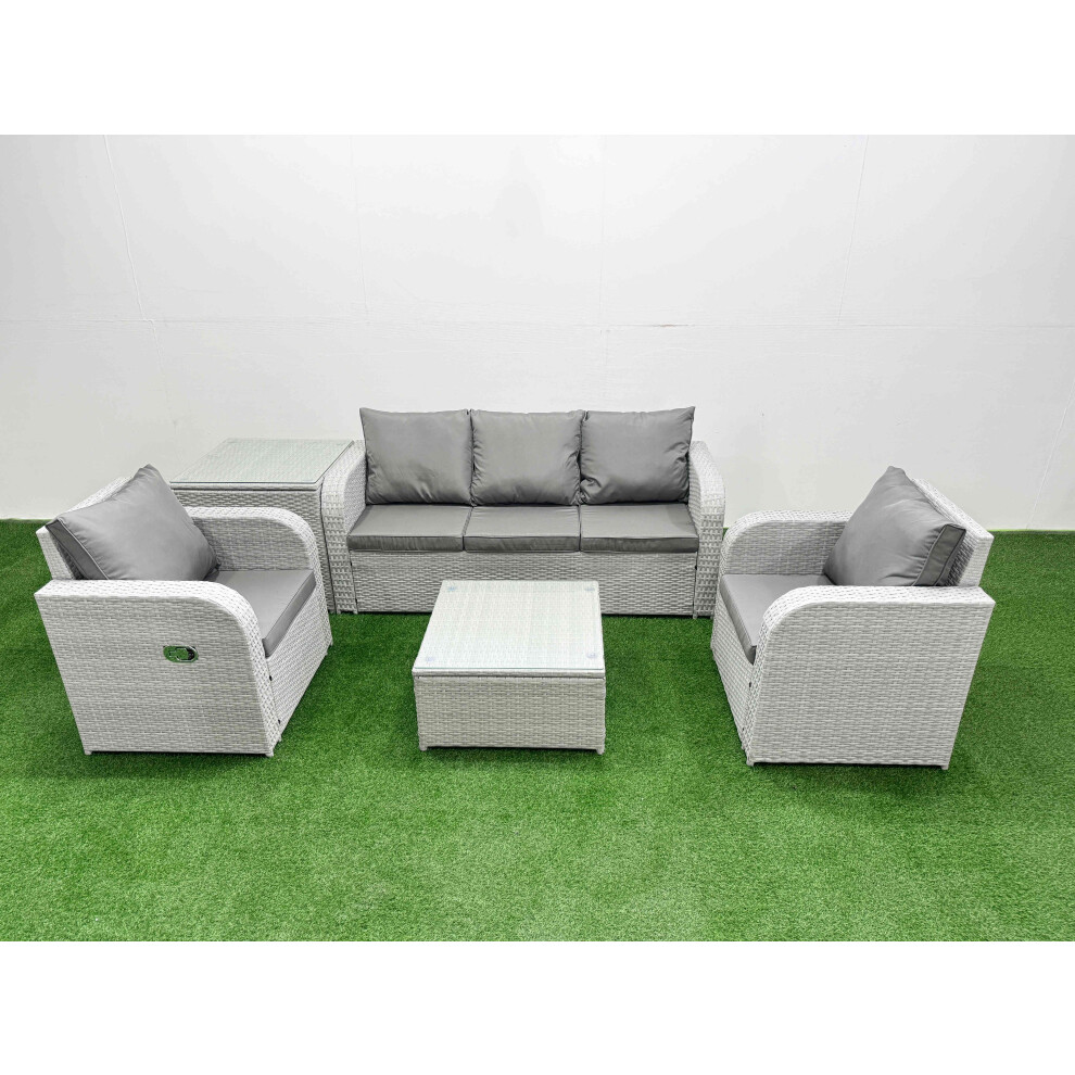 Fimous PE Rattan Garden Furniture Set Reclining Chair Sofa Lounge Sofa Set Square Coffee Table Side Table Light Grey