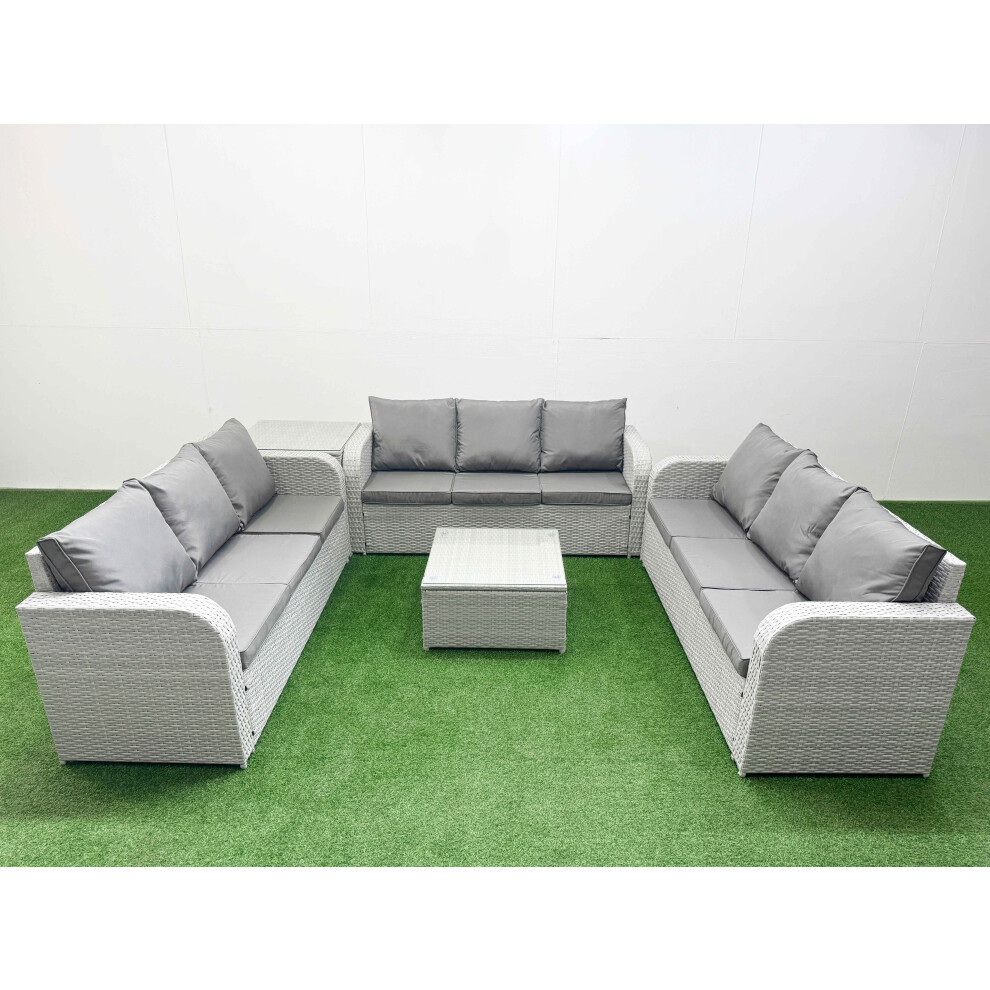 Fimous PE Rattan Lounge Sofa Set 9 Seater Outdoor Garden Furniture Set with Square Coffee Table 3 Seater Sofa Side Table Light Grey