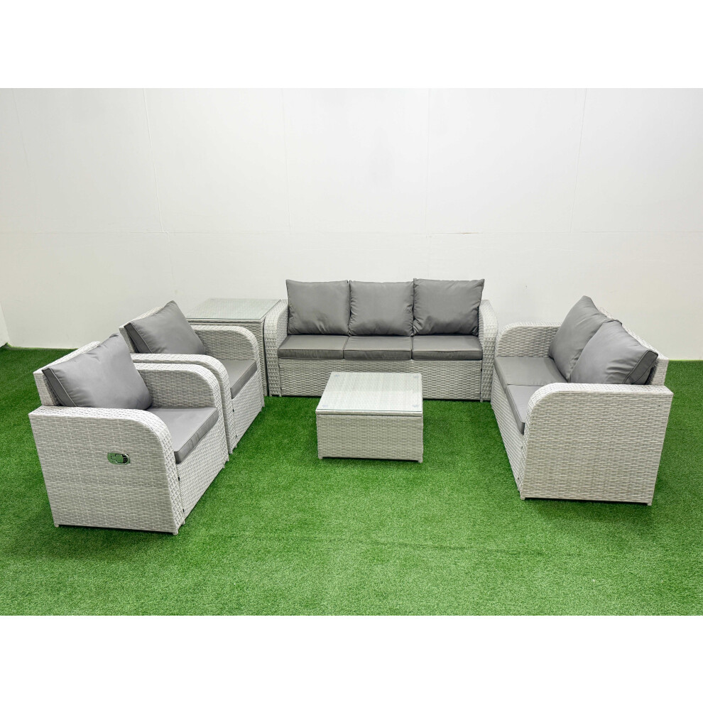 Fimous PE Rattan Garden Furniture Set Adjustable Chair Sofa Double Love Seat 2 Seater Sofa Lounge Set Side Table Light Grey