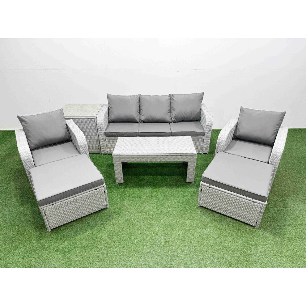 Fimous PE Rattan Garden Furniture Set Reclining Chair Sofa Lounge Sofa Set Side Table 2 Big Footstool Light Grey