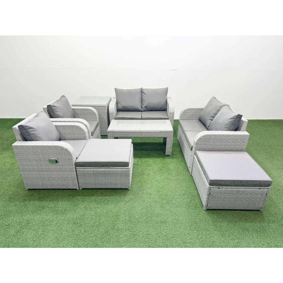 Fimous 8 Seater Outdoor Reclining Chair Love Sofa Set Rattan Garden Furniture Set with 2 Big FootStools  Side Table Light Grey