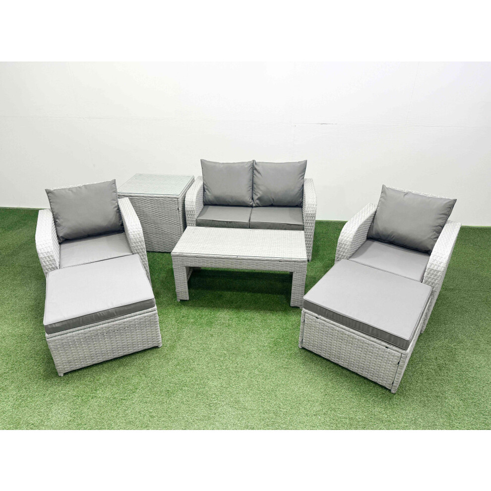 Fimous Light Grey PE Wicker Rattan Garden Furniture Set Sofa Set Reclining Adjustable Chair  6 Seater 2 Big Stools Side Table