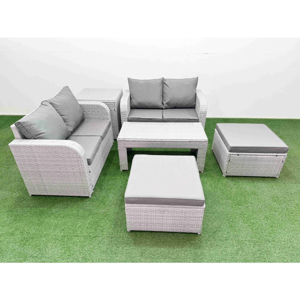 Fimous 6 Seater Outdoor Love Sofa Set Rattan Garden Furniture Set with Oblong Coffee Table 2 Footstool Side Table Light Grey