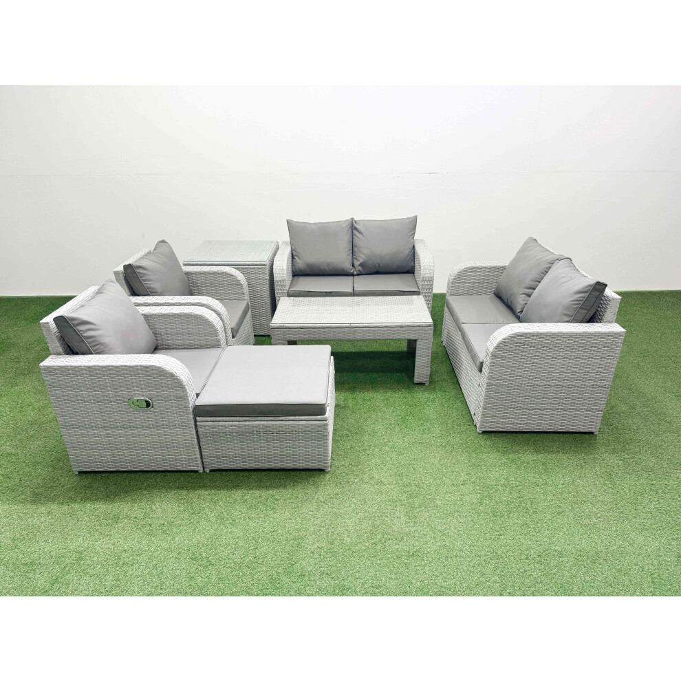 Fimous 7 Seater Outdoor Reclining Chair Love Sofa Set Rattan Garden Furniture Set with Oblong Coffee Table Footstool Side Table