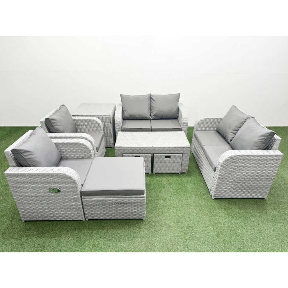 Fimous 9 Seater Outdoor Reclining Chair Love Sofa Set Rattan Garden Furniture Set with 3 Stools Side Table Light Grey