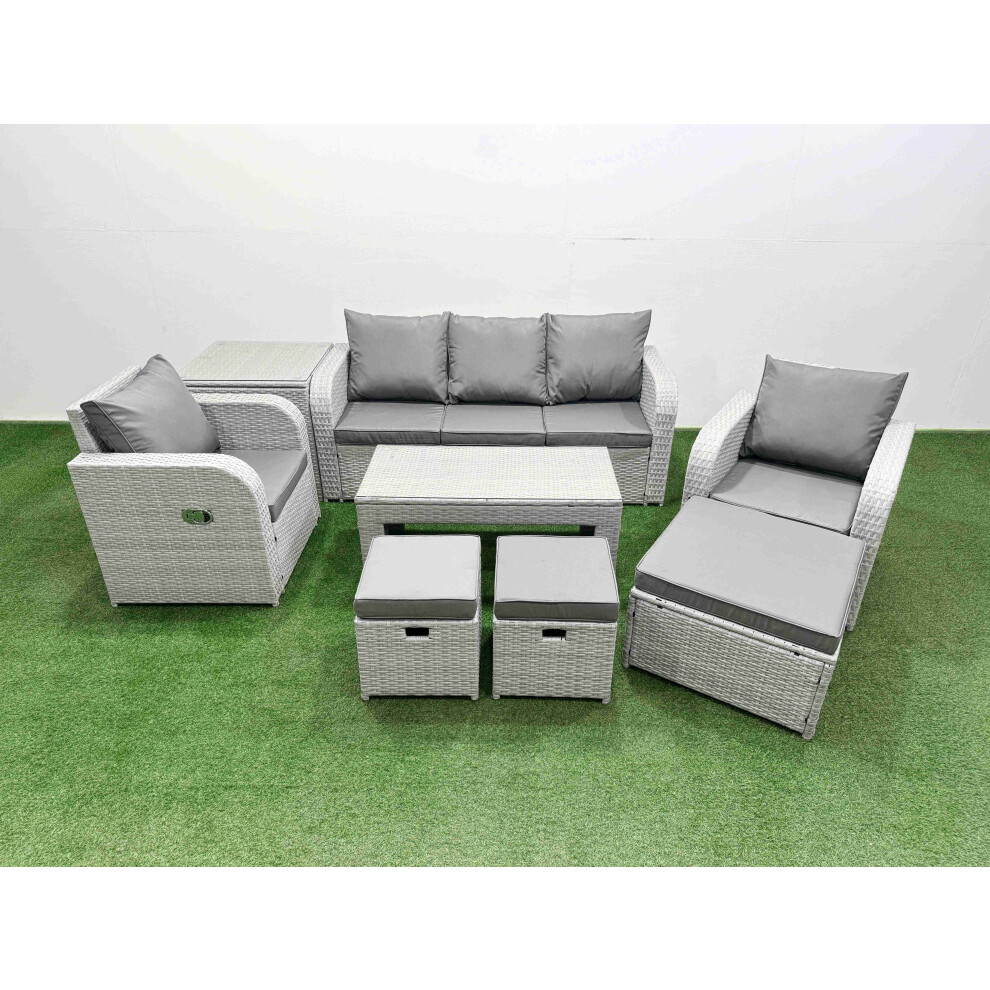 Fimous PE Rattan Garden Furniture Set Reclining Chair Sofa Lounge Sofa Set Side Table 3 Stools Light Grey