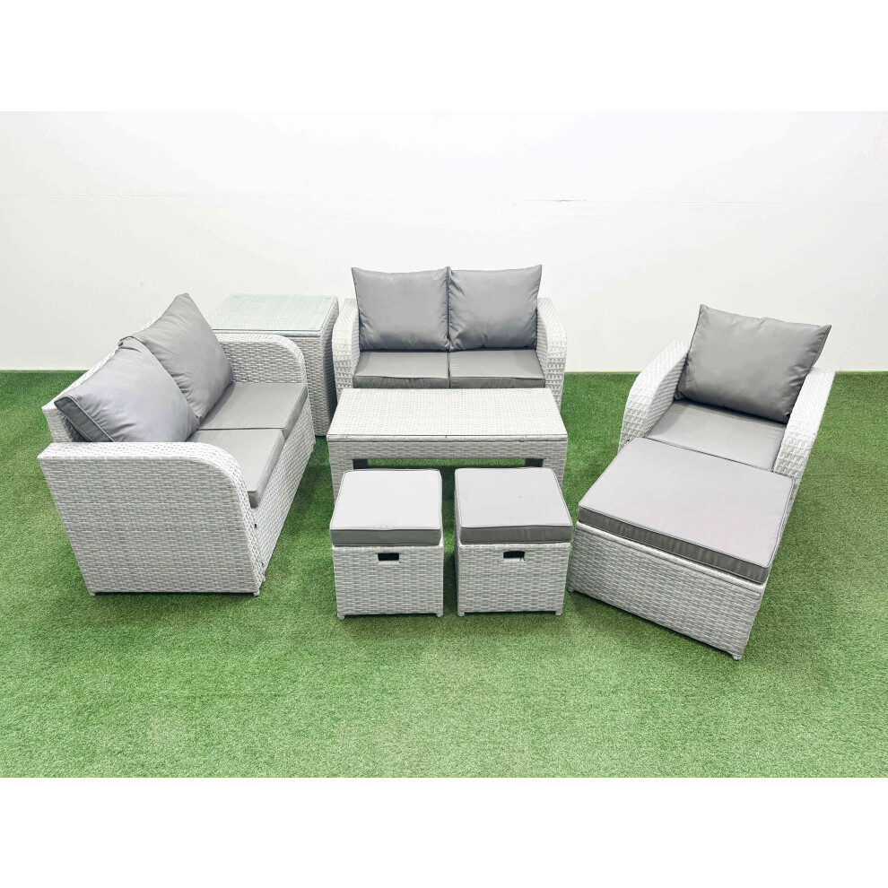 Fimous High Back Poly Rattan Garden Furniture Set with Reclining Chair Loveseat Sofa Indoor Outdoor Patio  Set 3 Stools Side Table